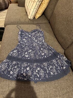 aerie Navy Paisley Spaghetti-Strap Sundress with Lace Trim
